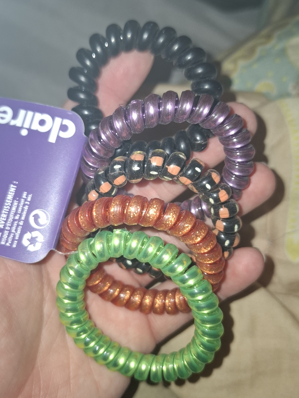 Claire's Coiled Hair Ties — Green, Orange, Purple, Black